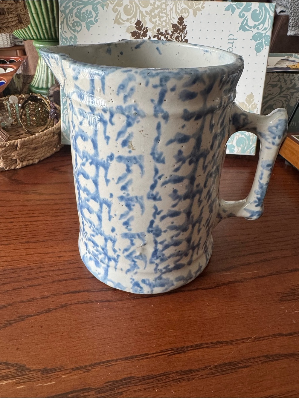 ANTIQUE Blue & White SPONGEWARE Stoneware Pitcher AMERICANA Spout Farmhouse